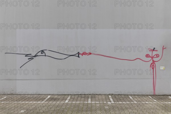 Stick figure and fish, abstract figures, line drawing by street artist Harald Naegeli, sprayer from