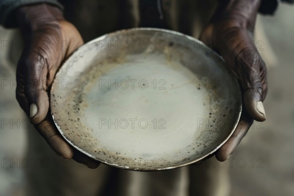 Black person's hand holding empty plate. KI generiert, generiert, AI generated