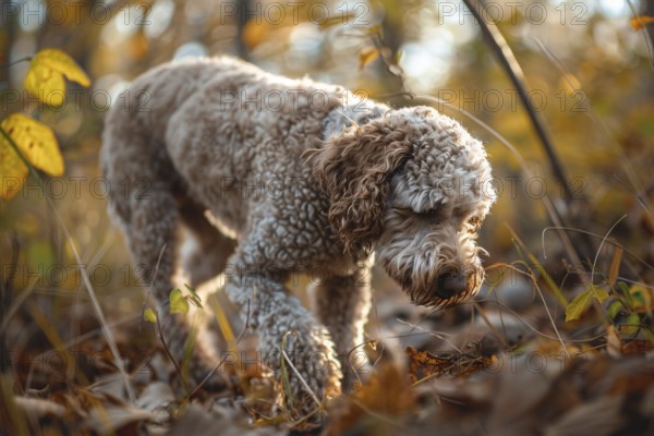 Lagotto Romagnolo dog searching for truffles in forest. Generative Ai, AI generated