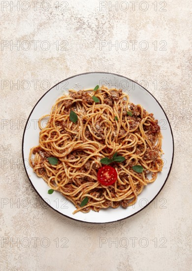 Spaghetti Bolognese, top view, close-up, no people, homemade
