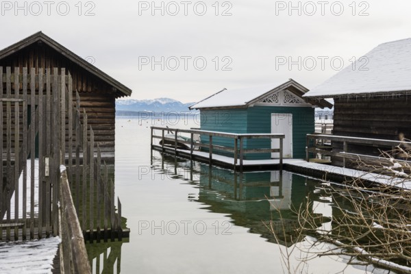 Boathouses with snow in winter, Tutzing, Lake Starnberg, Fünfseenland, Pfaffenwinkel, Upper