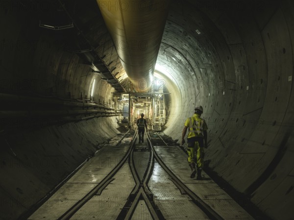 Workers in a tunnel section, construction lot H53 in the Brenner Base Tunnel, Tyrol, Austria,