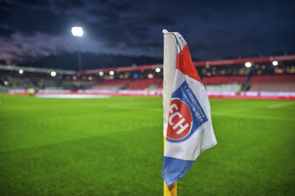 Corner flag, logo 1. FC Heidenheim FCH, stadium interior, evening, Voith-Arena, Heidenheim,
