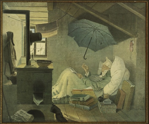 Print of the famous painting The Poor Poet by Carl Spitzweg, 1808, 1885, created in 1839, in