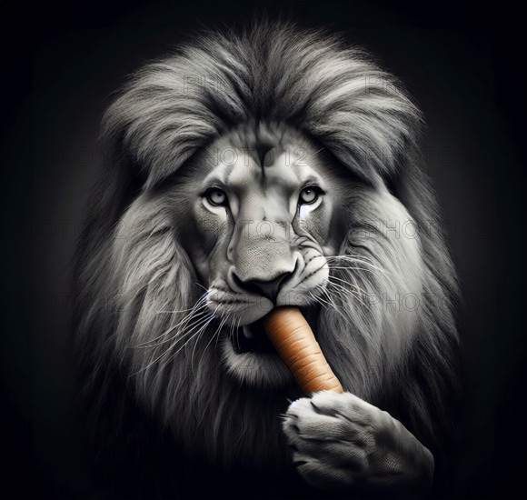 A vegetarian maned lion nibbles a carrot, AI generated, AI generated