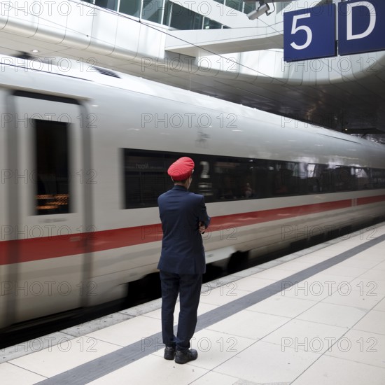 ICE at the centre platform with Deutsche Bahn staff, long-distance train station, airport,