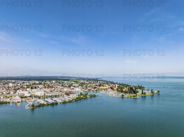 Harbour area, ferry port, yacht harbour, marina of Romanshorn with lake park, aerial view, Lake
