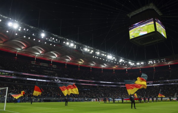Choreography with German flags, flags, flag waving, video cube, international match Germany GER vs.