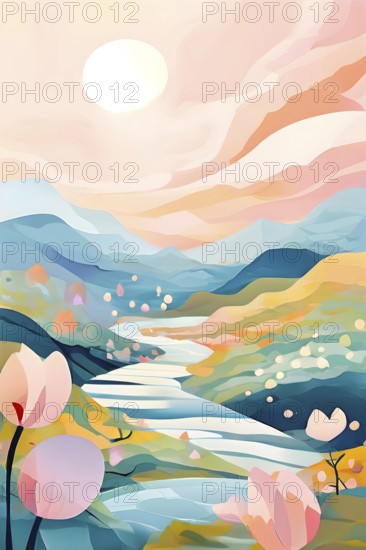 Easter-themed abstract landscape with fluid, flowing lines representing hills, flowers, and hidden