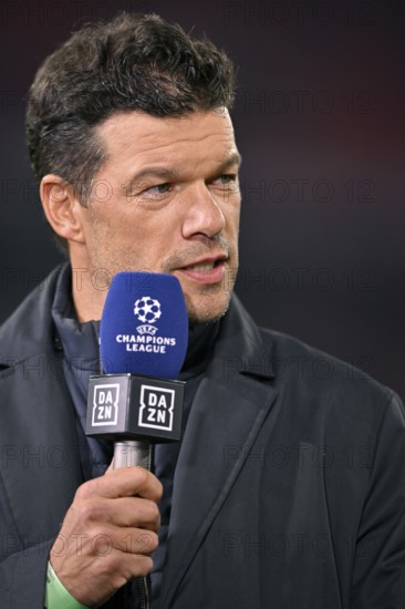 TV expert Michael Ballack portrait, in interview, microphone, mike, logo, DAZN, Champions League,
