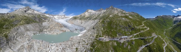 Rhone glacier, valley glacier in the headwaters of the Rhone in the Swiss Alps. Melting glacier,