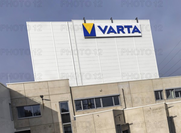Varta, plant for the production of batteries, electromobility. Logo on the factory building.
