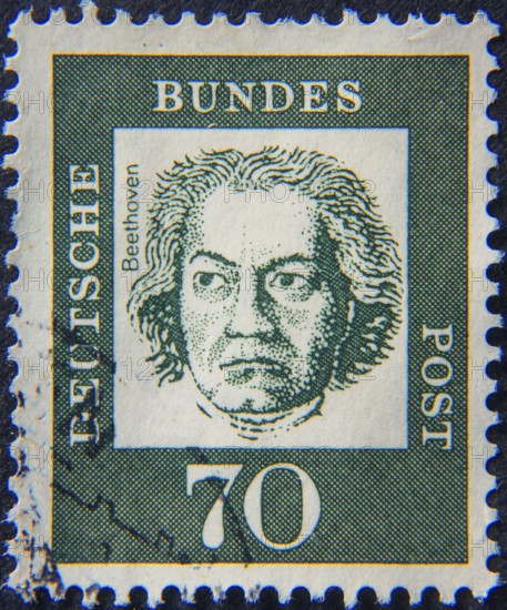 Ludvig van Beethoven, 1770, 1827, a German composer and pianist, portrait on a German stamp