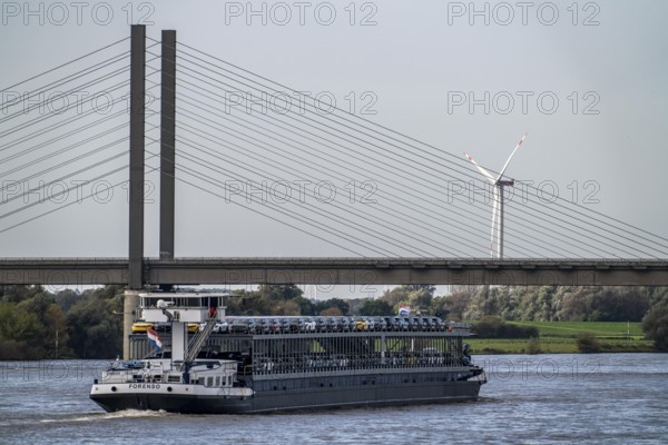 Car transporter Freighter Forenso, on the Rhine near Rees, brings Ford Explorer e-cars from the