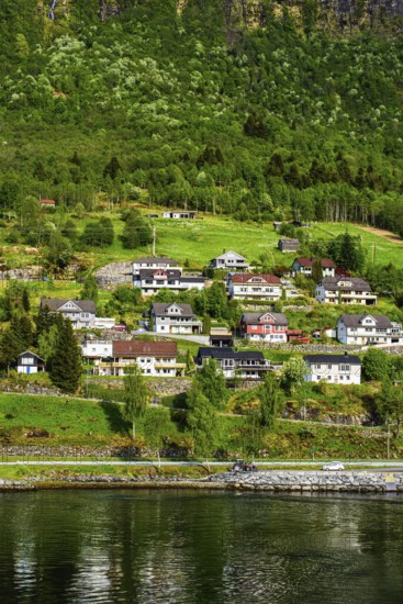Mountains and Fiord over Norwegian Village, Olden, Innvikfjorden, Norway, Europe