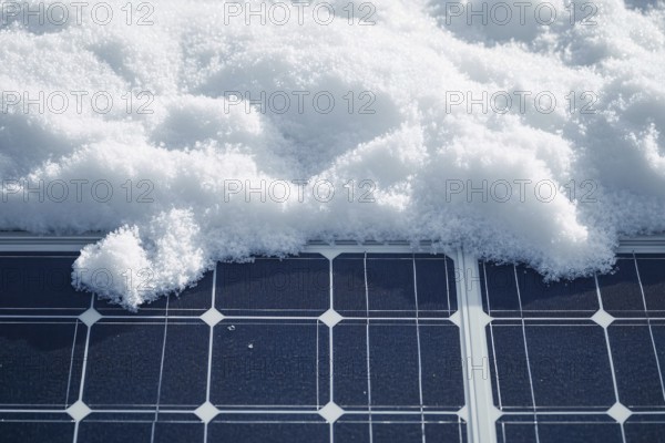 Close up of snow on photovoltaic solar cells. Concept for problem with solar energy during winter