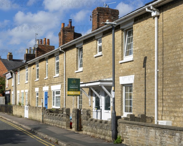 Historic terraced housing For Sale estate agent sign, Prospect Place, Old Town, Swindon, Wiltshire,
