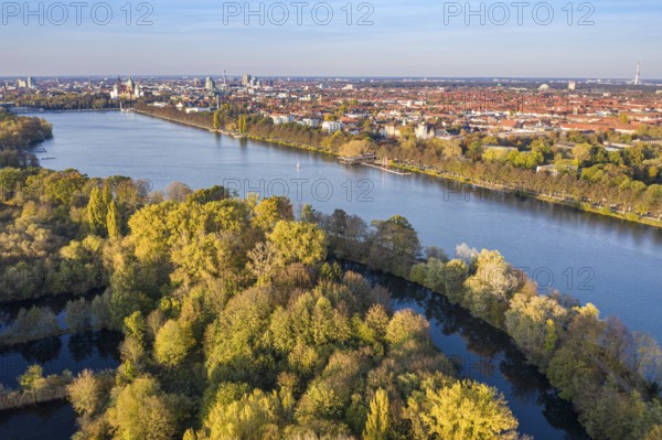 Drone shot of river Leine and lake Maschsee in autumn, Hannover city, Germany, Europe