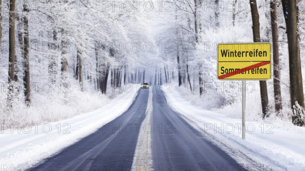 Winter road, compulsory winter tyres, Alpine sign, snow, snowfall, slippery road, road safety, risk