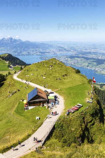 View from Mount Rigi to the city of Lucerne, Lake Lucerne and Pilatus Alps mountains in Rigi,