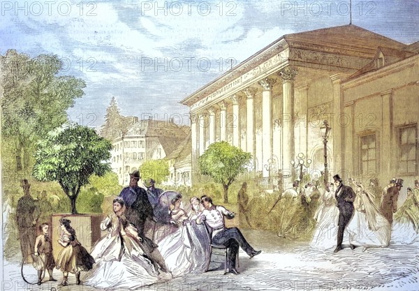 Noble people in front of the spa hotel of Baden-Baden, 1869, Germany, Historic, digitally restored