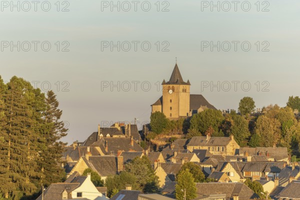 Small Saint-Matthieu church on hill of village of Laguiole. Aubrac, France, Europe