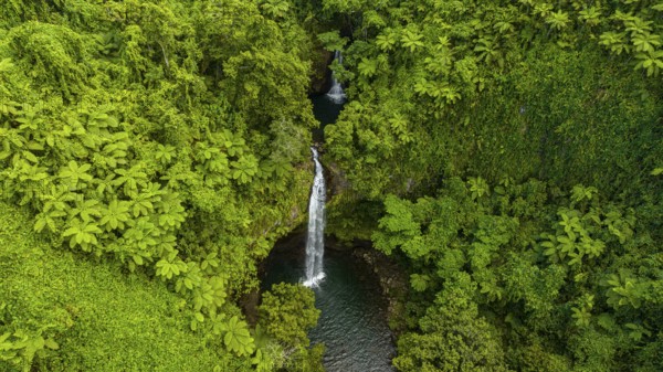 Aerial of the Tavoro Falls, Bouma National Park, Taveuni, Fiji, South Pacific, Oceania