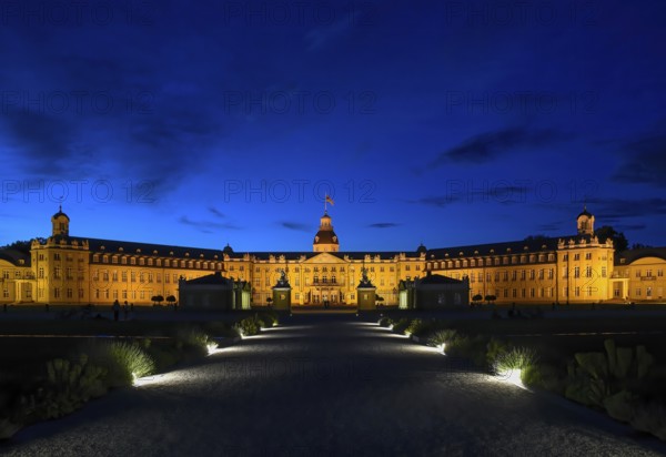 Karlsruhe castle in the last daylight, blue hour, Karlsruhe, Baden-Württemberg, Germany, Europe