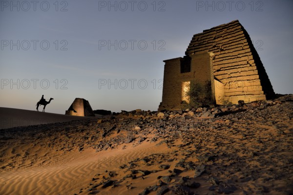 Pyramid of the northern cemetery of Meroe in the evening, Black Pharaohs, Nubia, Nahr an-Nil,