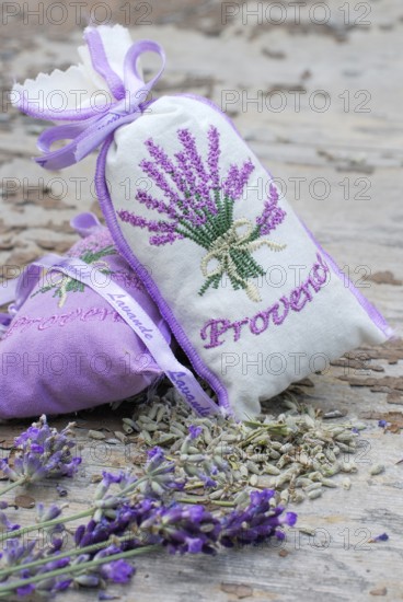 Lavender scented bags (Lavandula angustifolia) and lavender flowers, Provence, South of France,