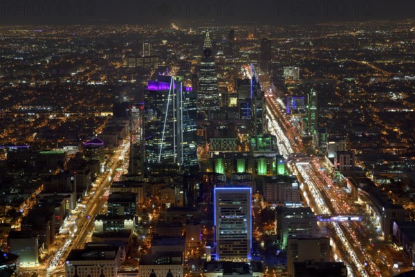 Panoramic view from the Sky Bridge at night, Kingdom Center, Riyadh, Saudi Arabia, Asia