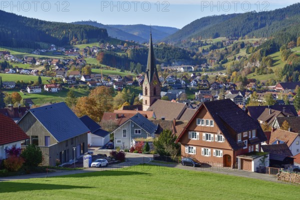 View of Baiersbronn with St. Mary's Church, Freudenstadt district, Black Forest, Baden-Württemberg,
