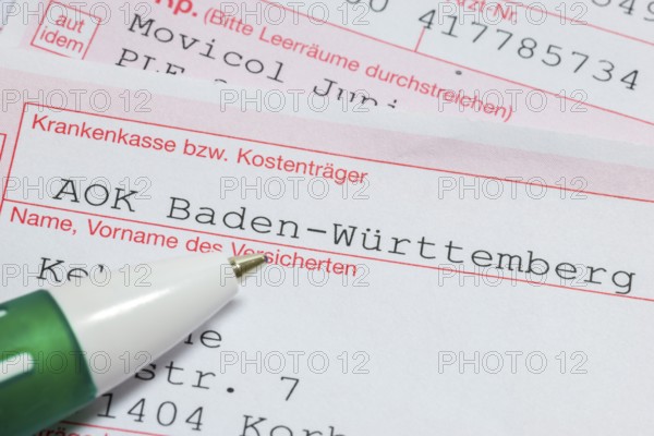 Prescriptions for medicines, AOK, health insurance, cost unit, pen, Baden-Württemberg, Germany,