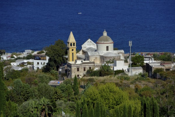 View to the village Stromboli with church San Vincenzo, island Stromboli, Liparic Islands, Italy,