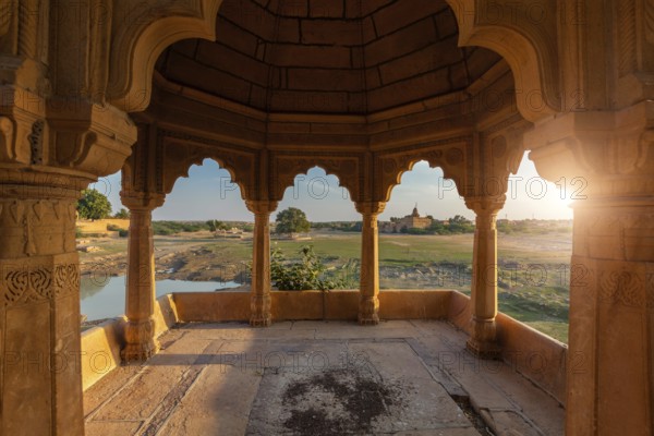 Decorated pavillion at Amar Sagar lake, Jaisalmer, Rajasthan, India, Asia