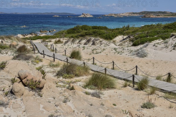 Boardwalk leading to Cala Trinita, La Maddalena island, Gallura region, Sassari Province, Sardinia,