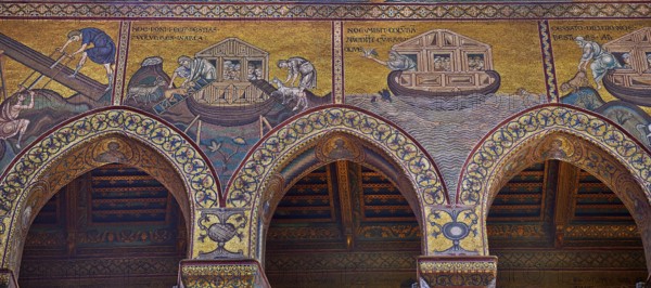 South wall mosaics depicting the bibliacl story of Noah in the Norman-Byzantine medieval cathedral