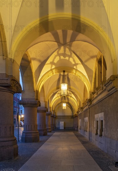 Arcades of New Town Hall building by night, Untermarkt, Görlitz, Goerlitz, Germany, Europe