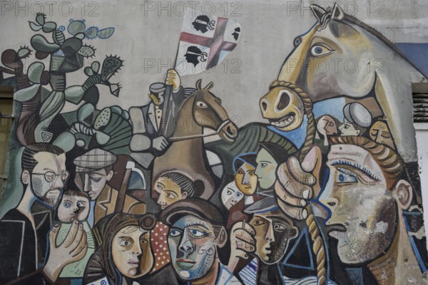 Political mural, artist Francesco del Casino, cubism, Orgòsolo, Province of Nuoro, Sardinia, Italy,
