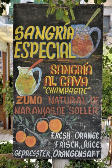 Sign for sangria outside a restaurant, Puerto de Sóller, Majorca, Balearic Islands, Spain, Europe