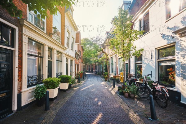 HAARLEM, NETHERLANDS, MAY 6, 2017: Street with old houses in Haarlem, Netherlands