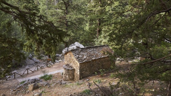 Rest area, Chapel Agios Nikolaos, Natural stone building, Trees, Samaria Gorge, Samaria, Gorge,