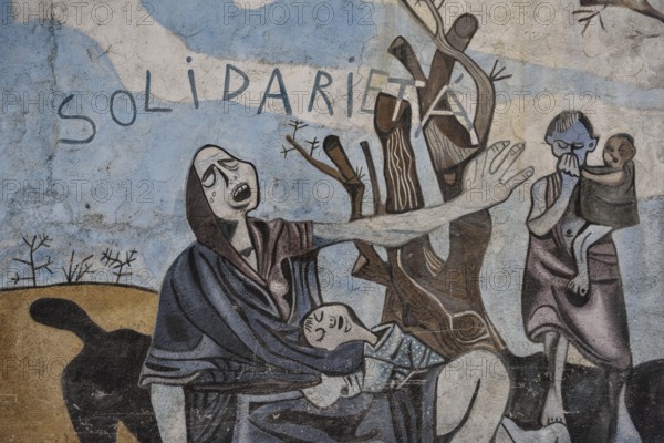 Political mural, cubism, solidarity, poverty, mother and child, Orgòsolo, Province of Nuoro,