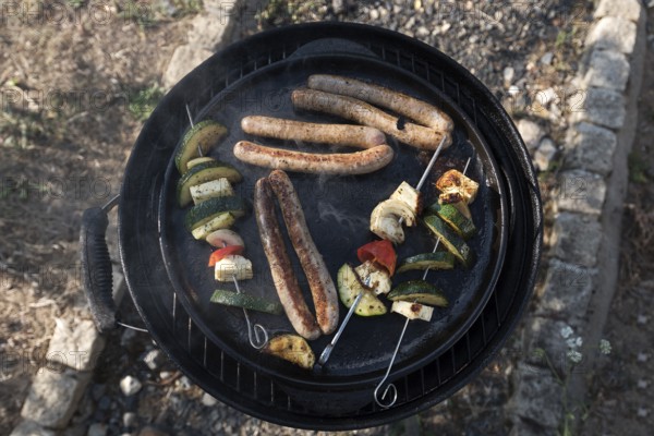 Bratwurst and vegetable skewers in a grill pan, Bavaria, Germany, Europe