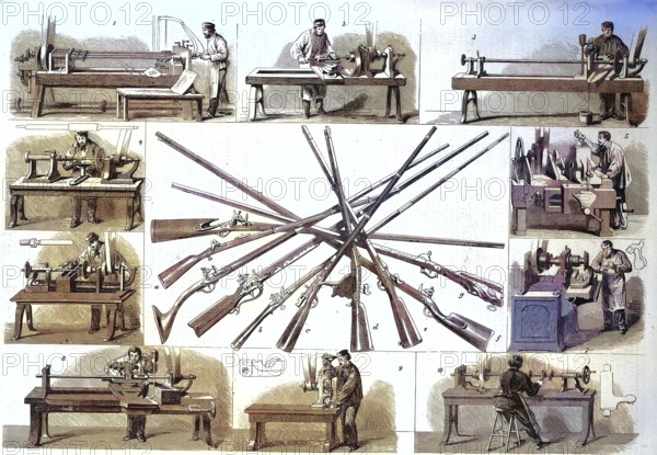 1869, Gun making, Gun industry, Gunsmiths, Gun factory of Dreisse in Liege, Liège, Belgium,