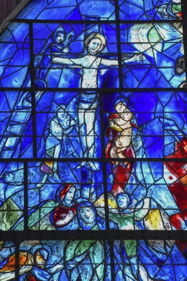 Detail Crucifixion of the stained glass window of La Paix, the Peace, by Marc Chagall, Chapelle des