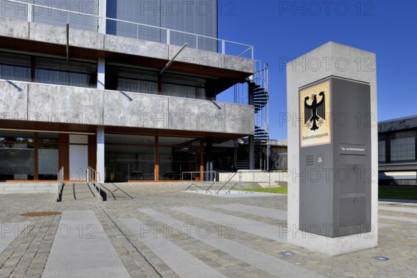 Sign with federal eagle at the Federal Constitutional Court, Karlsruhe, Baden-Württemberg, Germany,