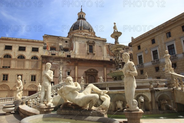 Old town of Palermo, Piazza Pretoria, figures of the Mannerist fountain Fontana Pretoria and in the