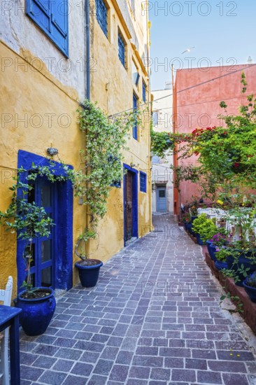 Scenic picturesque streets of Chania venetian town with coloful old houses. Chania greek village in