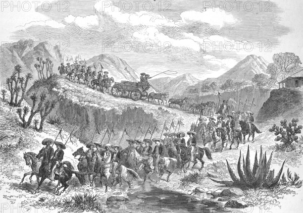 Convoy with silver ingots from the silver mines on the way to Mexico City, 1869, Mexico, Historic,